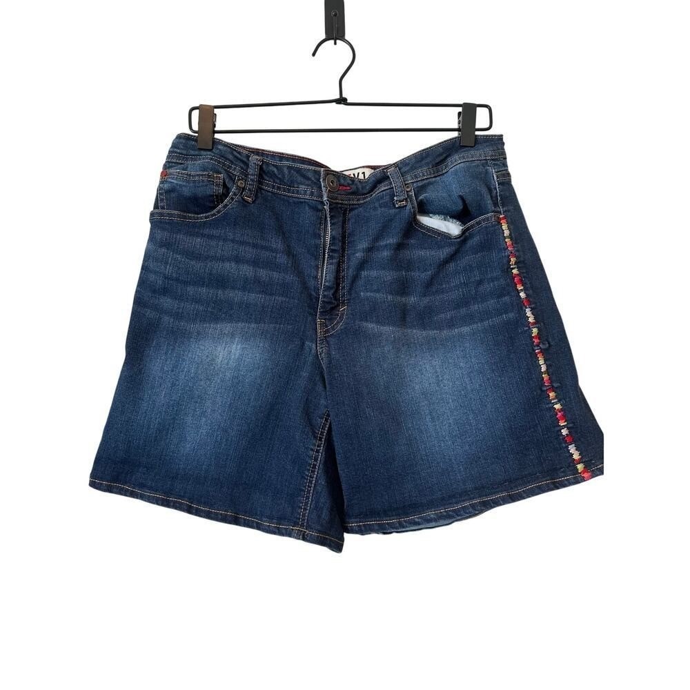 EV1 Ellen DeGeneres Alex Relaxed Vintage Denim Shorts Dark Wash Embroidered 12‎
